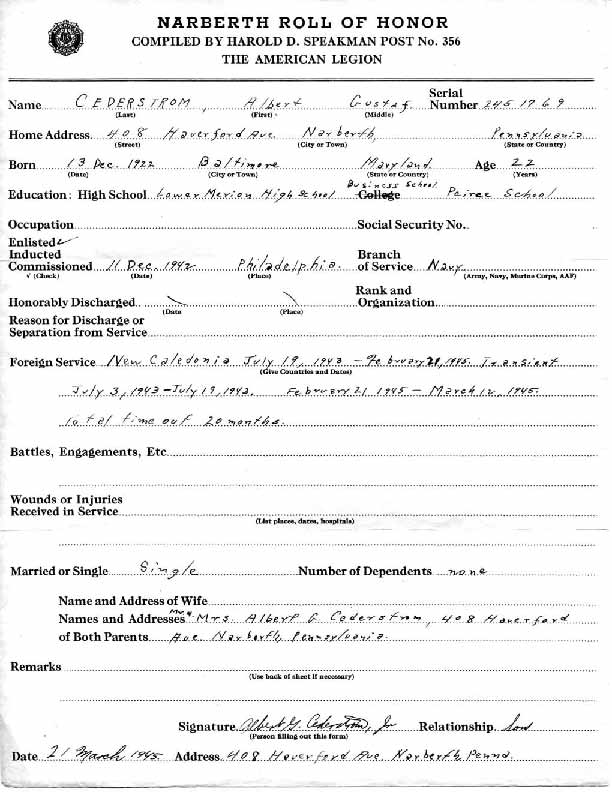 Roll of honor form for Albert Cederstrom