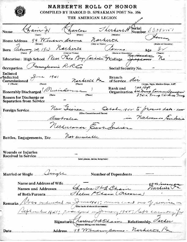 Roll of honor form for Charles Chain, front