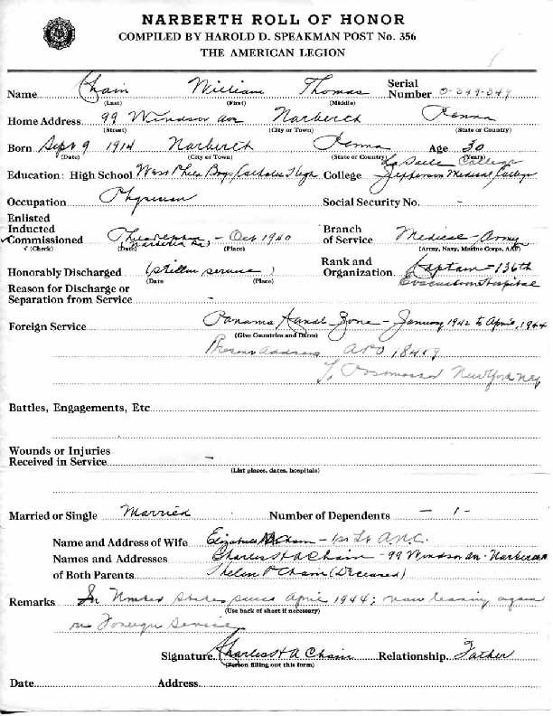 Roll of honor form for William Chain