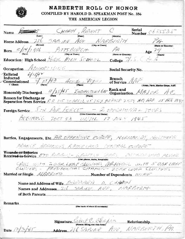 Roll of honor form for Robert Chapin