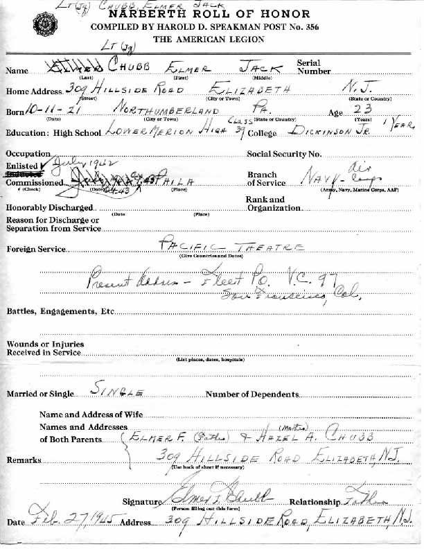 Roll of honor form for Elmer Chubb