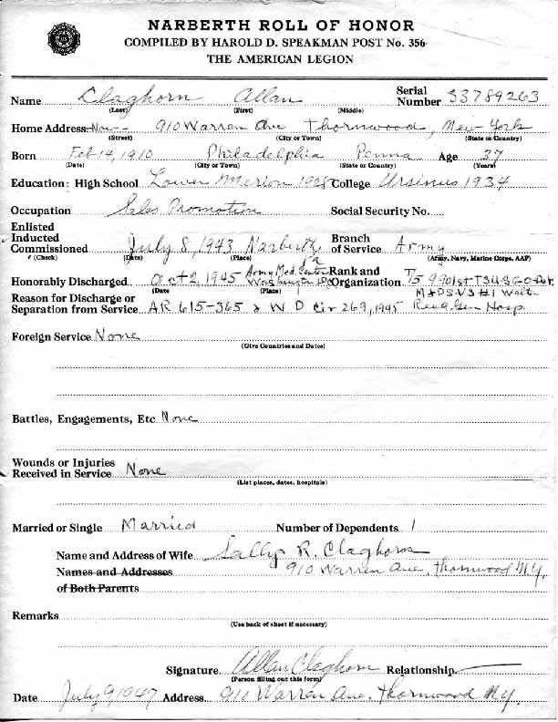 Roll of honor form for Allan Claghorn