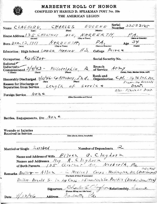 Roll of honor form for Charles Claghorn