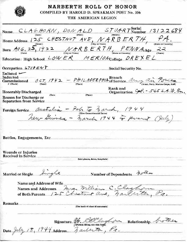 Roll of honor form for Donald Claghorn