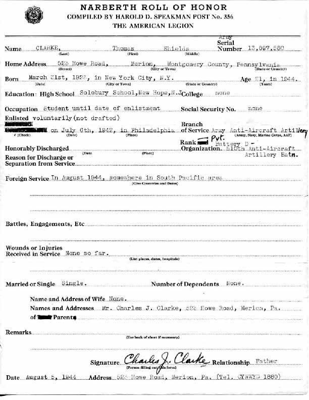 Roll of honor form for Thomas Clarke