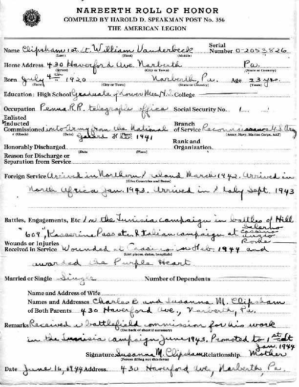 Roll of honor form for William Clipsham