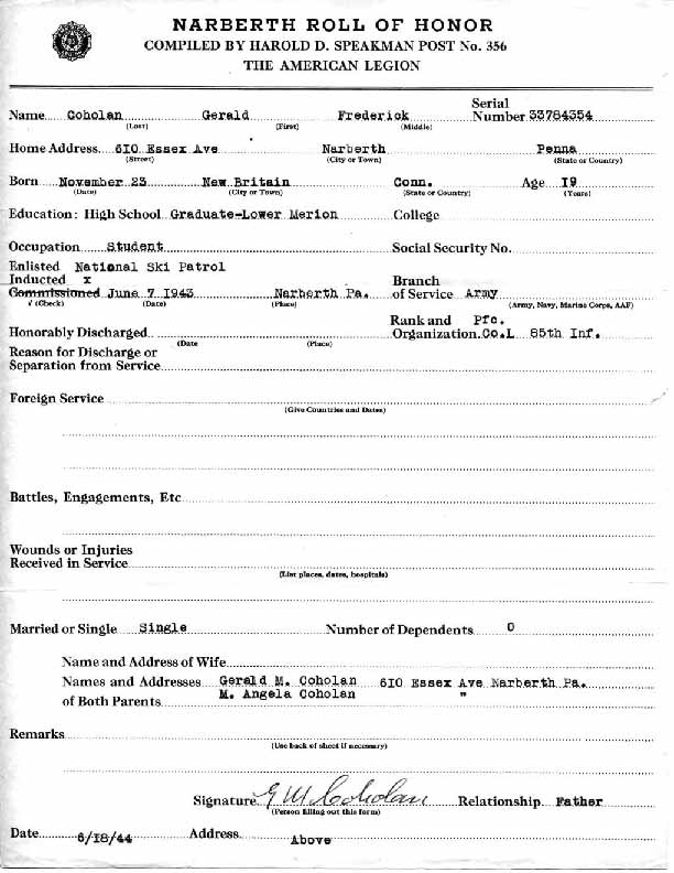 Roll of honor form for Gerald Coholan
