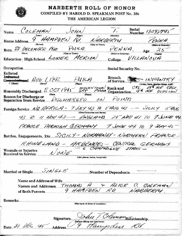 Roll of honor form for John Coleman