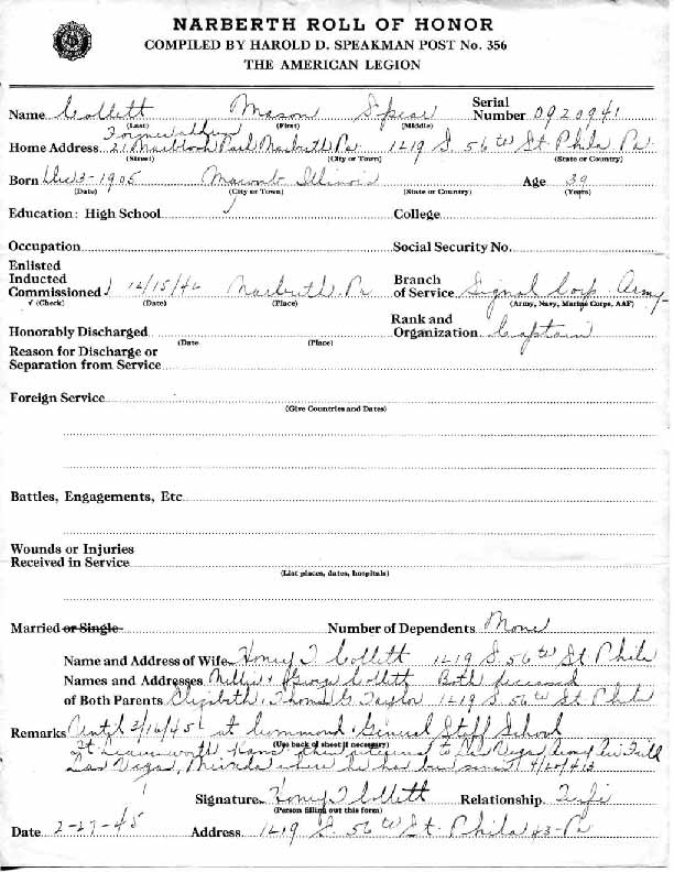 Roll of honor form for Mason Collett