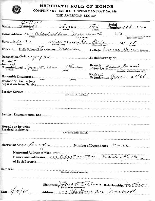 Roll of honor form for James Collins