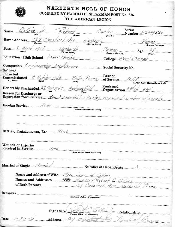 Roll of honor form for Robert Collins