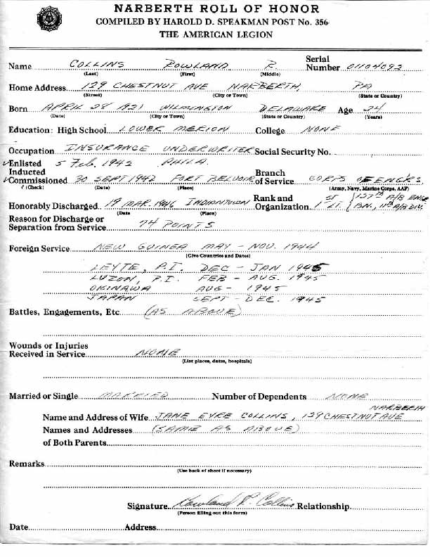 Roll of honor form for Rowland Collins