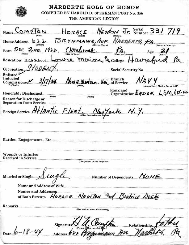 Roll of honor form for Horace Compton