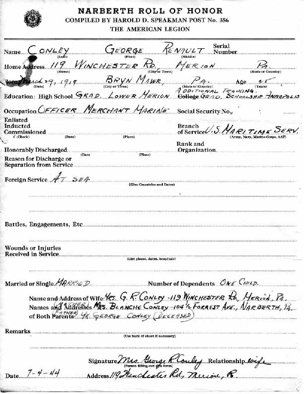 Roll of honor form for George Conley