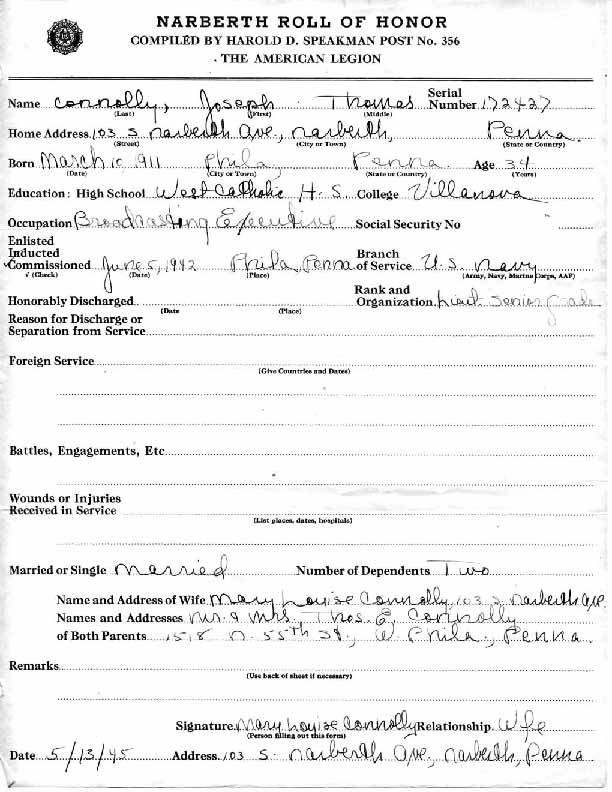 Roll of honor form for Joseph Connolly