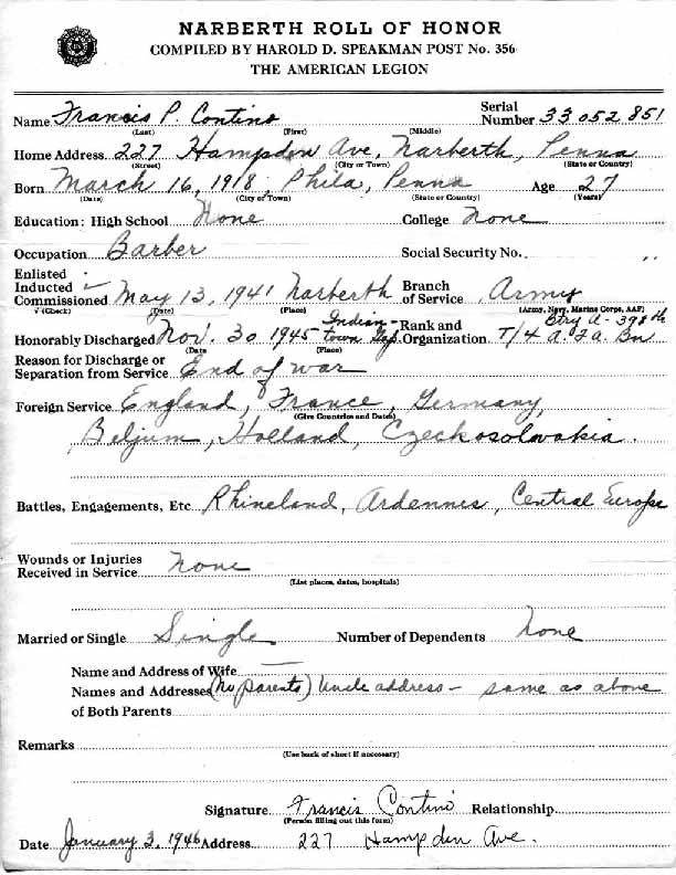 Roll of honor form for Francis Contino