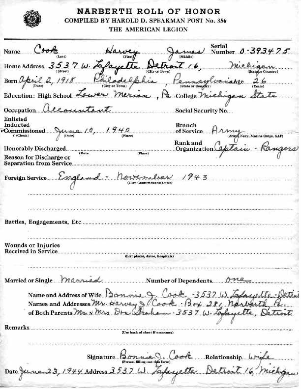 Roll of honor form for Harvey Cook