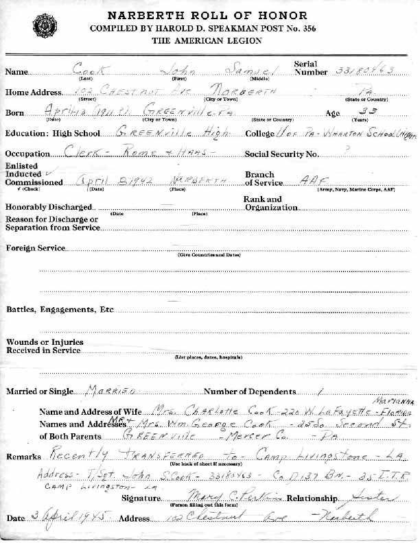 Roll of honor form for John Cook