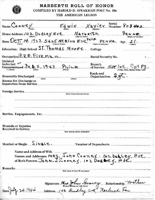 Roll of honor form for Edwin Cooney