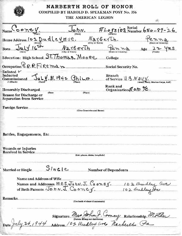 Roll of honor form for John Cooney