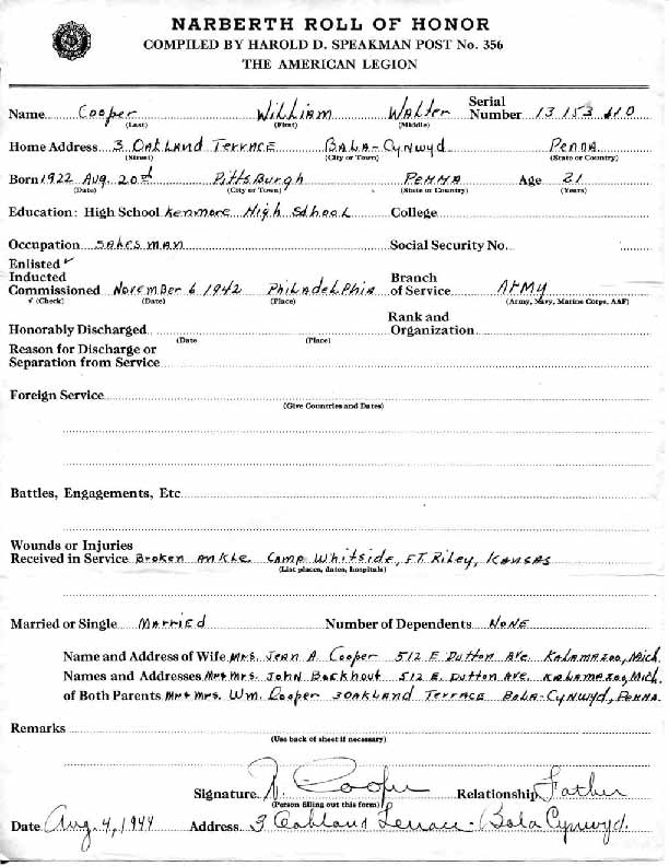 Roll of honor form for William Cooper