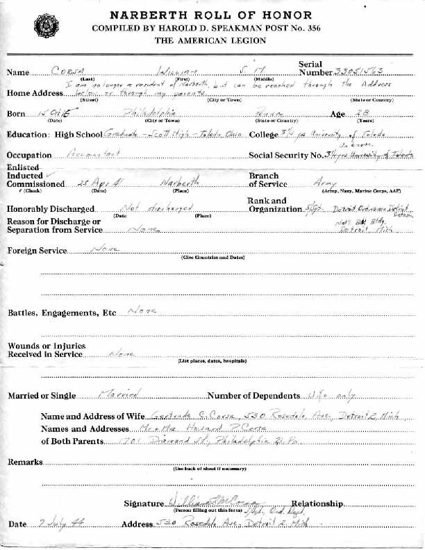 Roll of honor form for William Corsa
