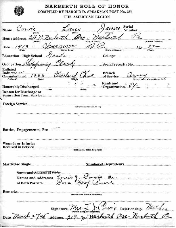 Roll of honor form for Louis Cowie