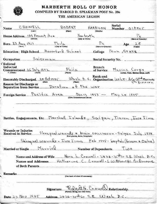 Roll of honor form for Robert Crowell