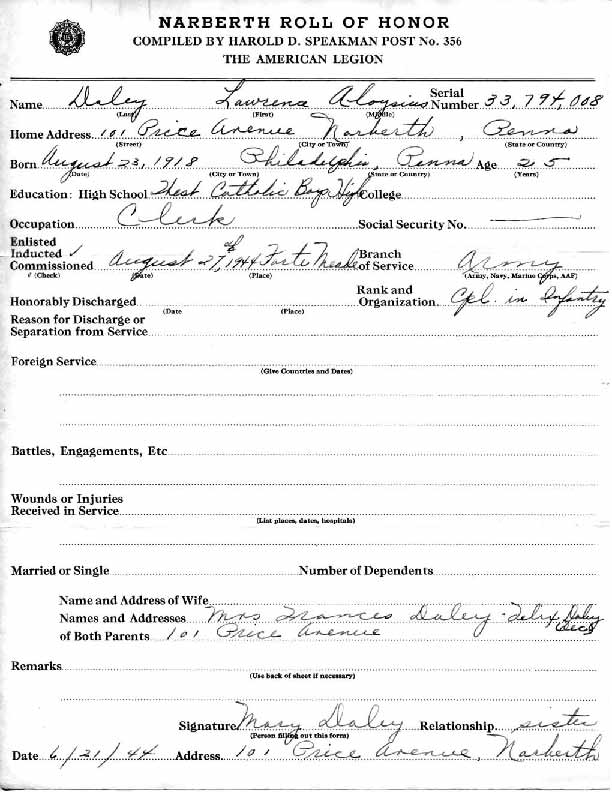 Roll of honor form for Lawrence Daley