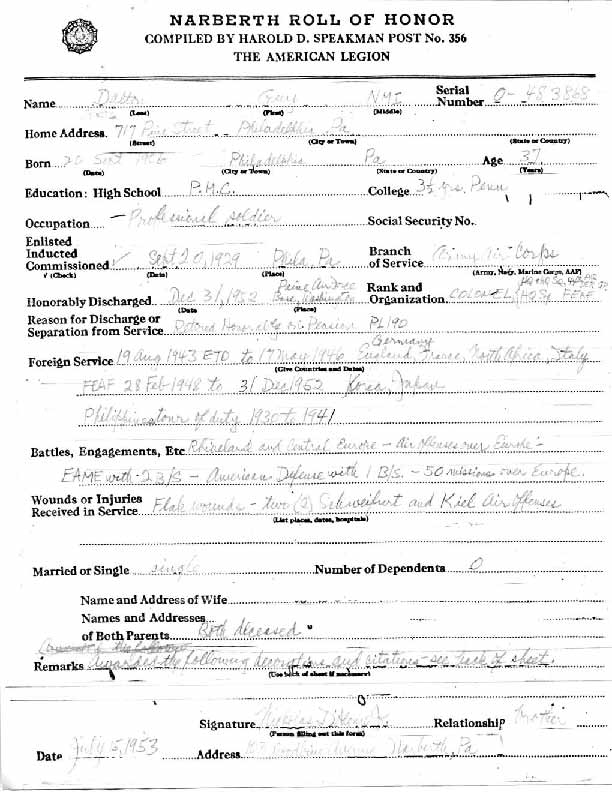 Roll of honor form for Guy Dalton, front
