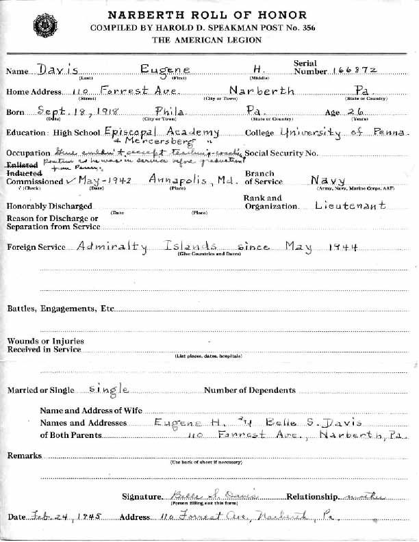 Roll of honor form for Eugene Davis