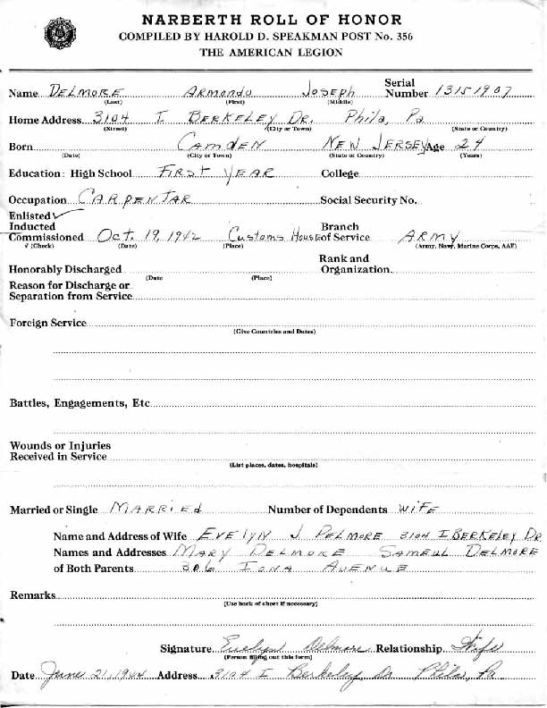 Roll of honor form for Armondo Delmoro