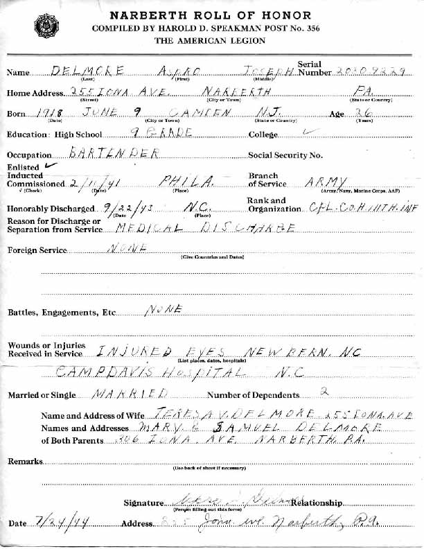 Roll of honor form for Aspro Delmoro