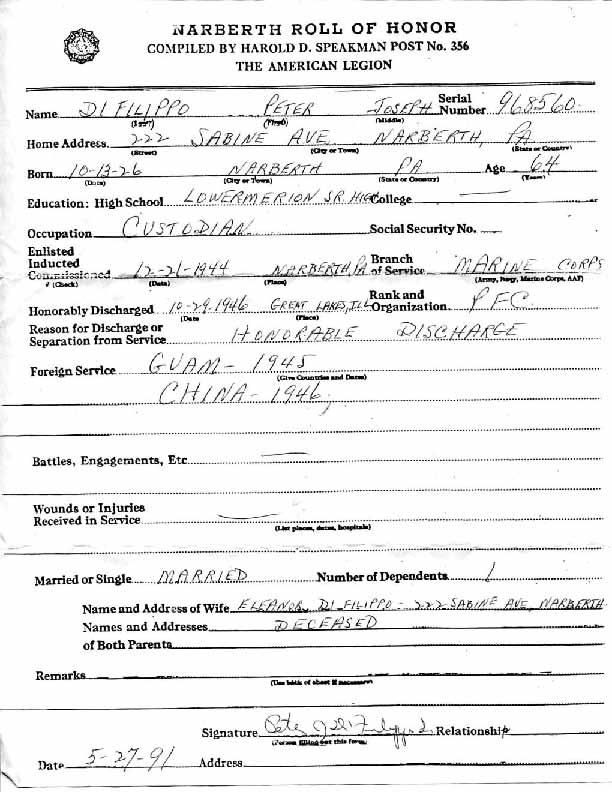 Roll of honor form for Peter DiFilippo