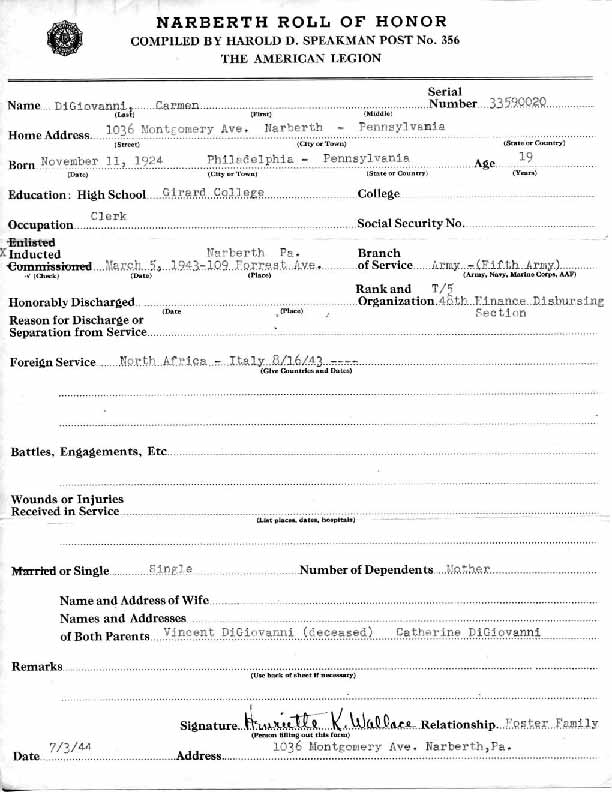 Roll of honor form for Carmen DiGiovanni
