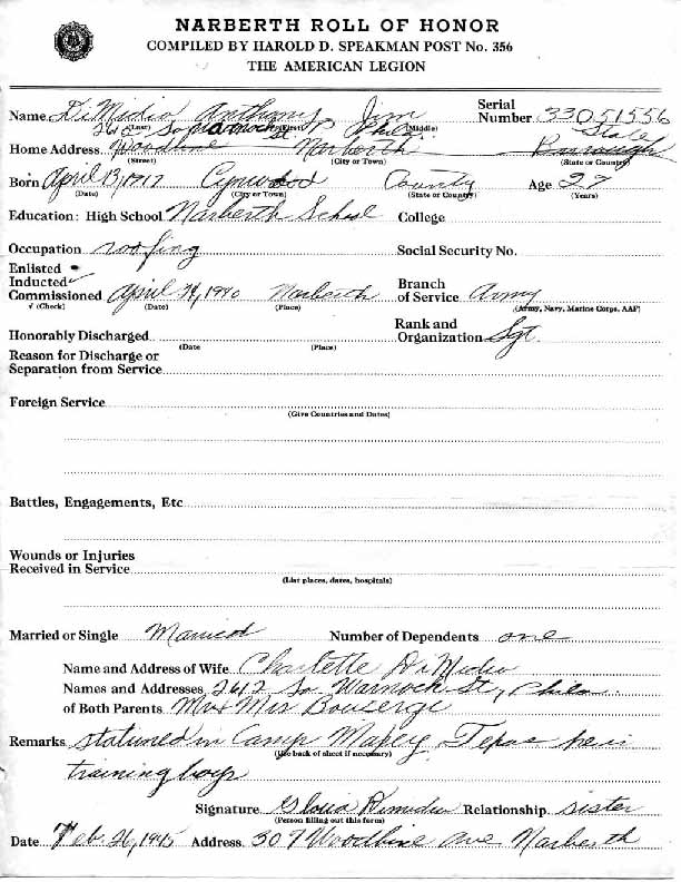 Roll of honor form for Anthony DiMidio