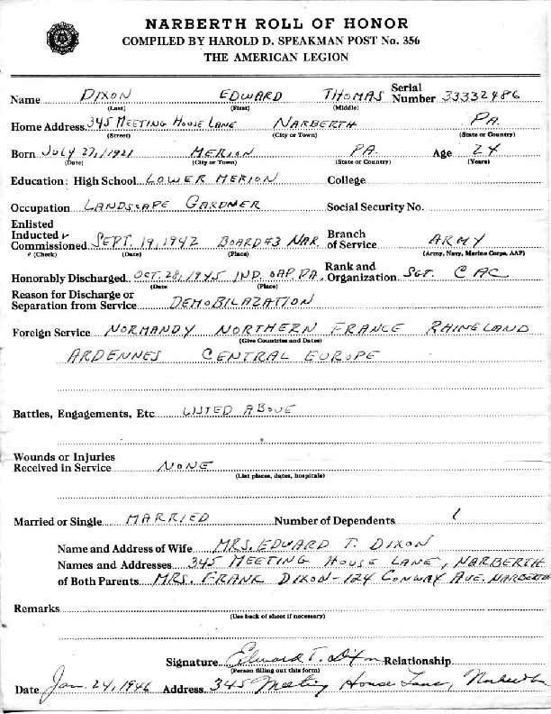 Roll of honor form for Edward Dixon