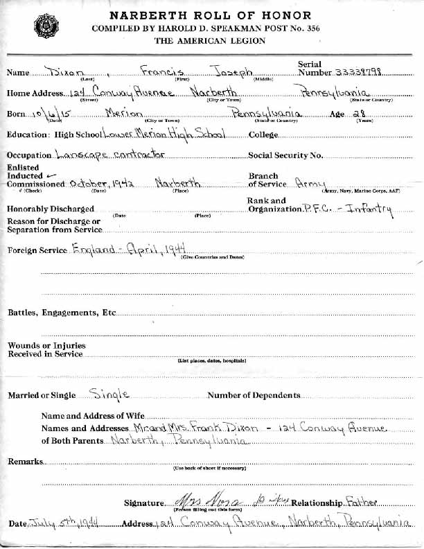 Roll of honor form for Francis Dixon
