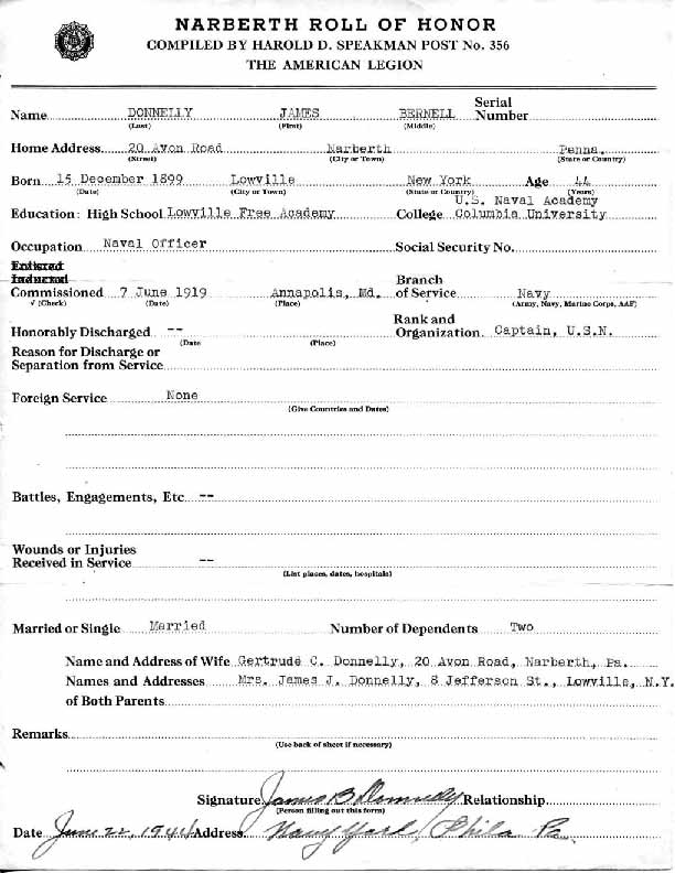Roll of honor form for James Donnelly