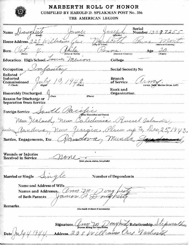 Roll of honor form for James Dougherty