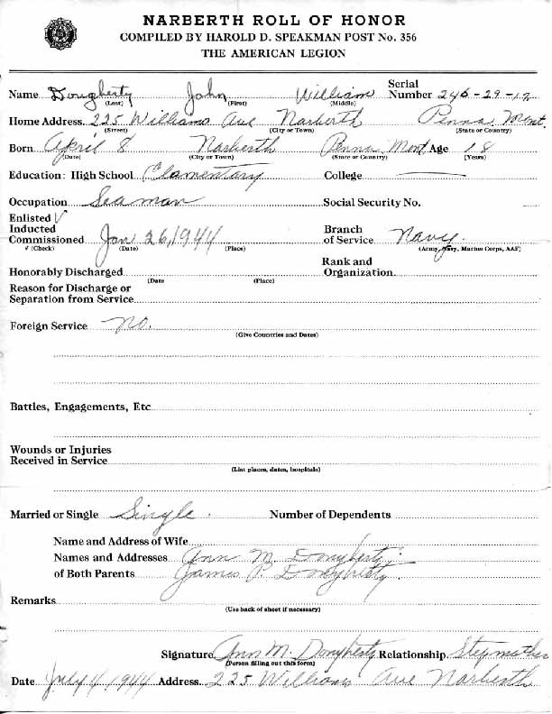 Roll of honor form for John Dougherty
