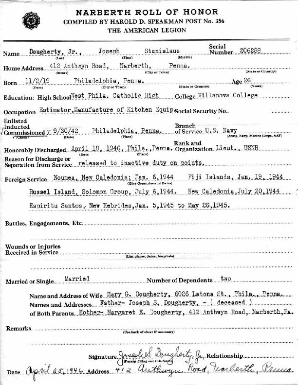 Roll of honor form for Joseph Dougherty
