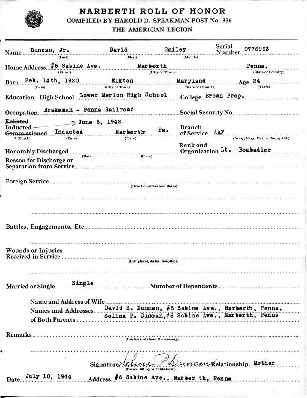 Roll of honor form for David Duncan
