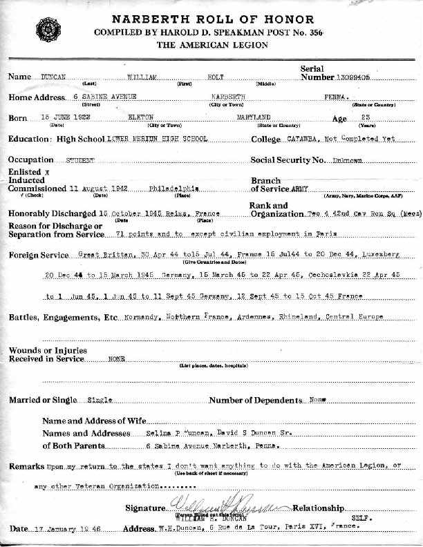 Roll of honor form for William Duncan