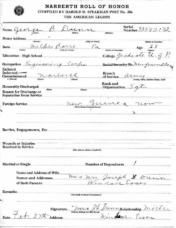 Roll of honor form for George Dunn