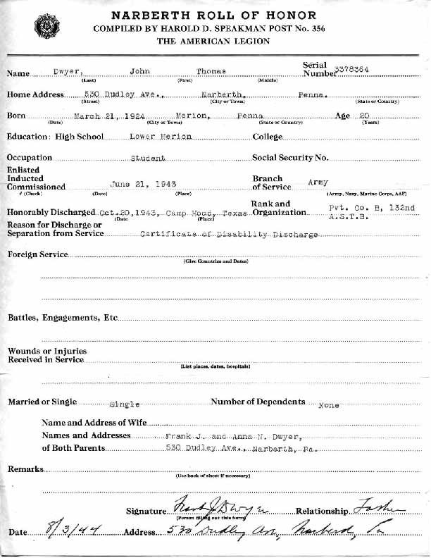 Roll of honor form for John Dwyer