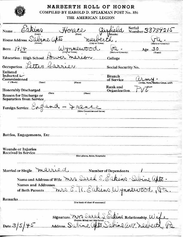 Roll of honor form for Horace Eakins