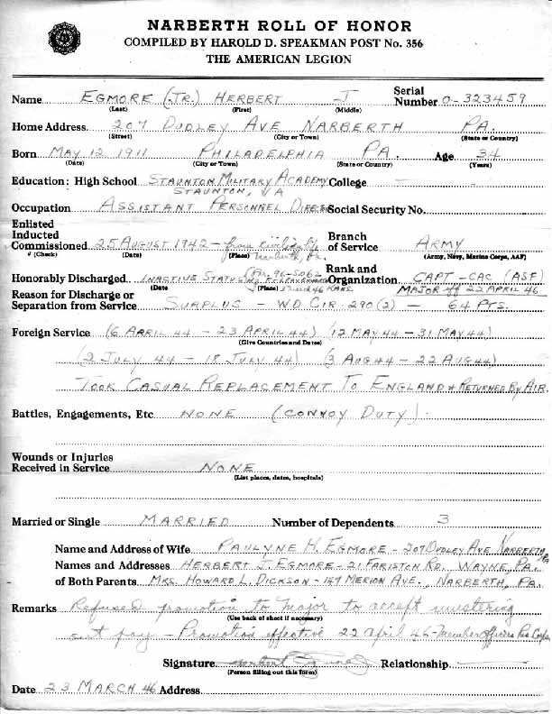 Roll of honor form for Herbert Egmore