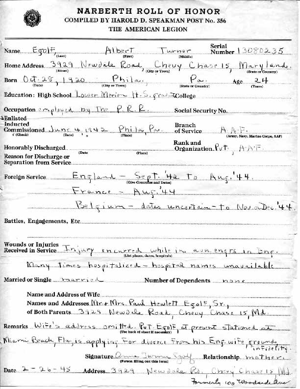 Roll of honor form for Albert Egolf