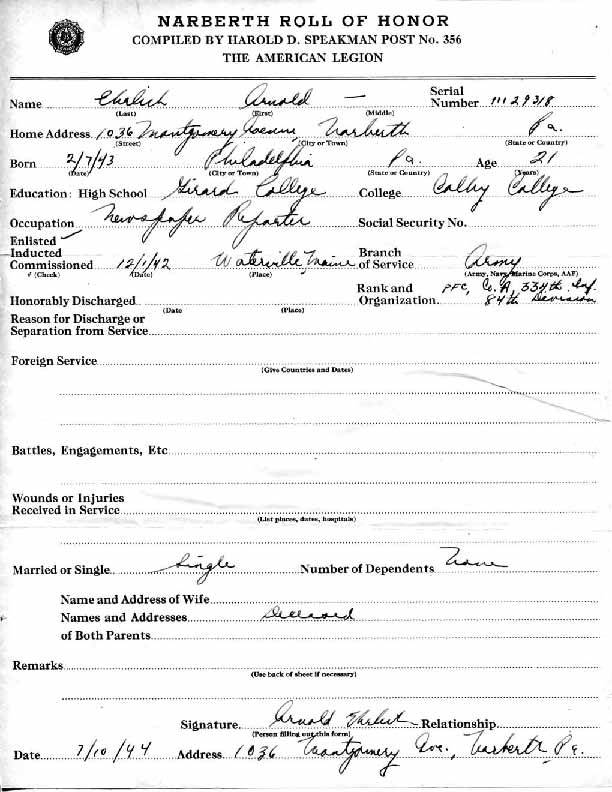 Roll of honor form for Arnold Ehrlich